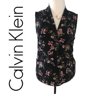 CALVIN KLEIN Black Floral V-Neck Sleeveless Stretch Top